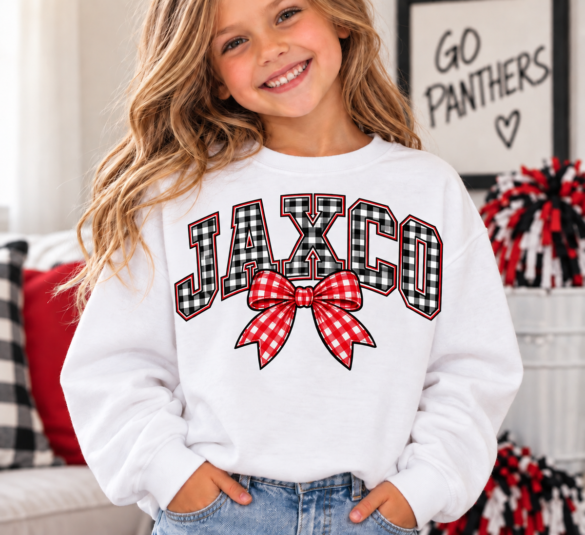 Girls Jaxco Gingham Bow Crewneck Sweatshirt