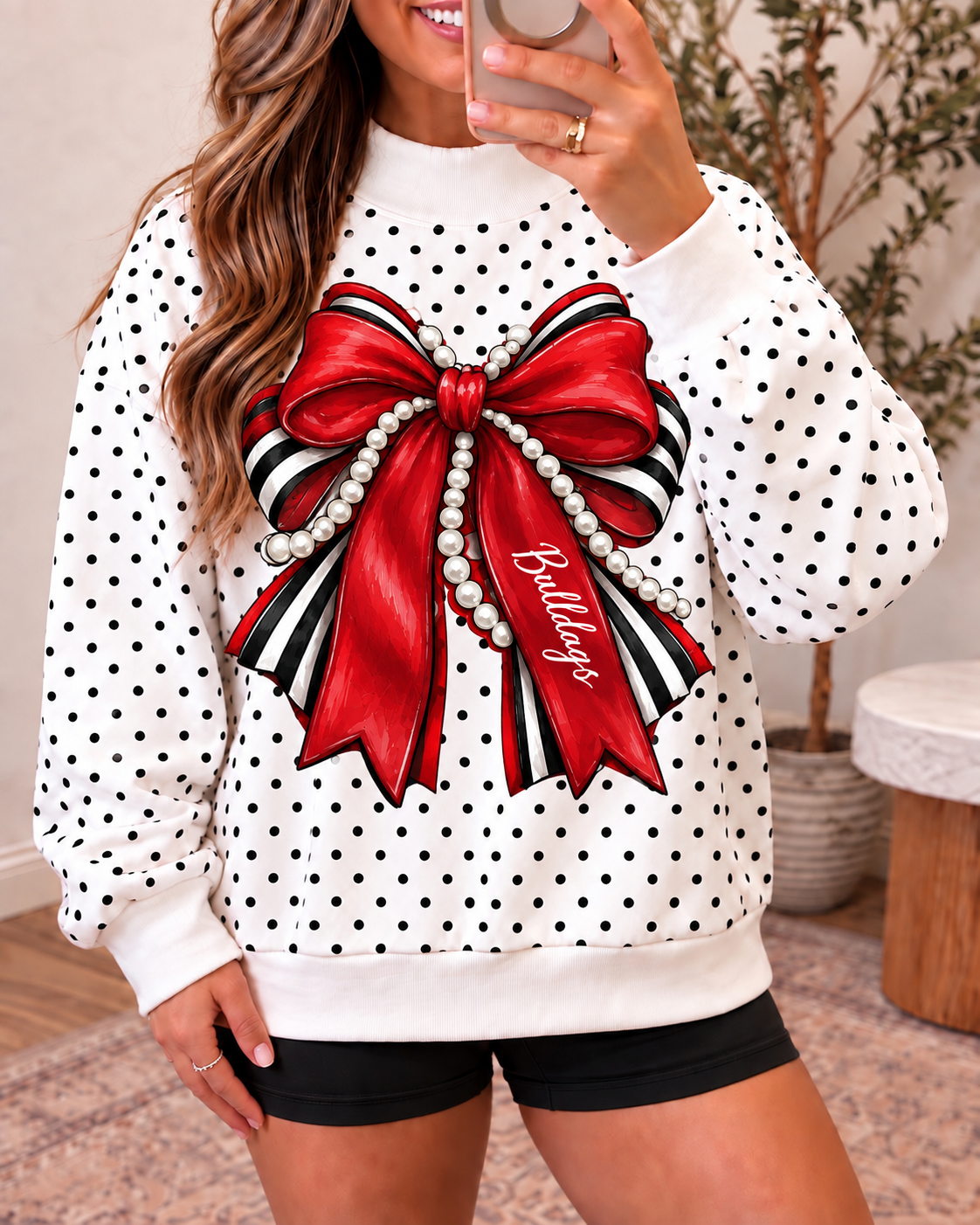 Bulldogs White Polka Dot Bow Mock Neck