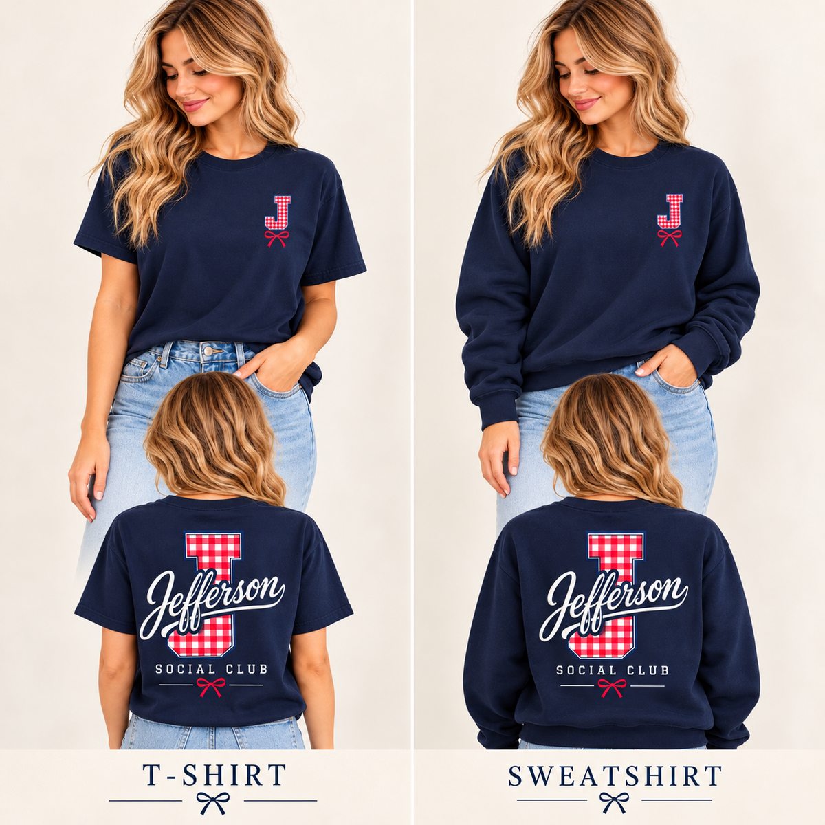 Jefferson Social Club Gingham J Varsity Tee/Crewneck – Navy