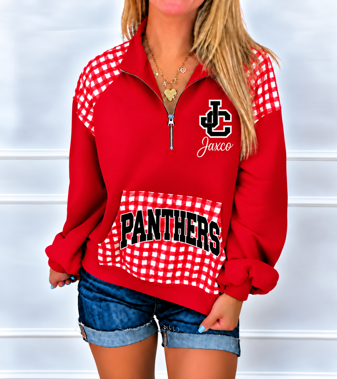 Jaxco Gingham Game Day Quarter Zip Pullover