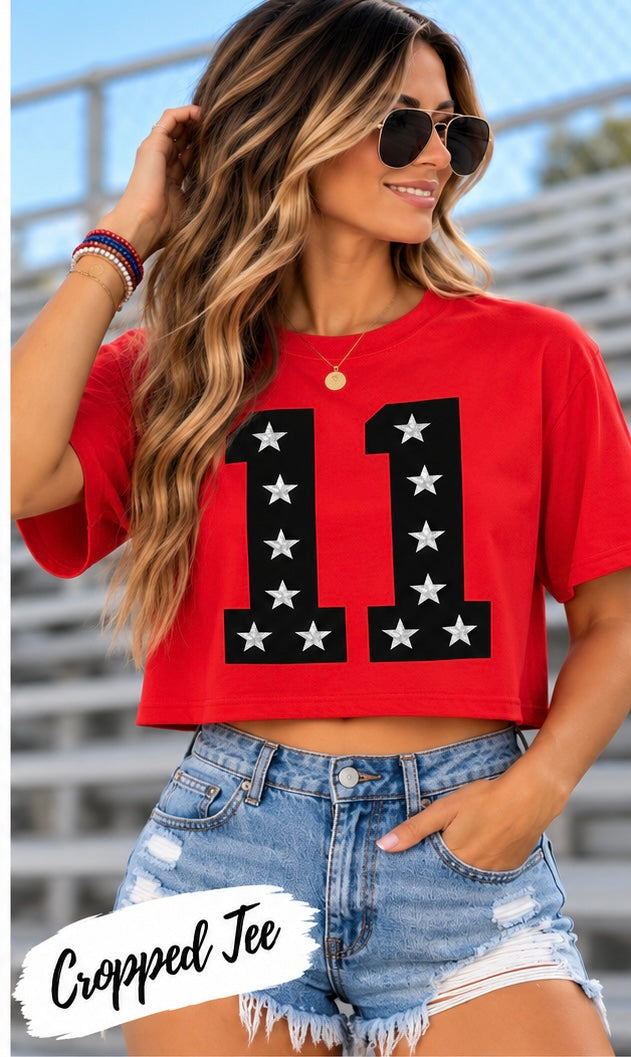 Custom Red/White/Black Number Cropped Tee