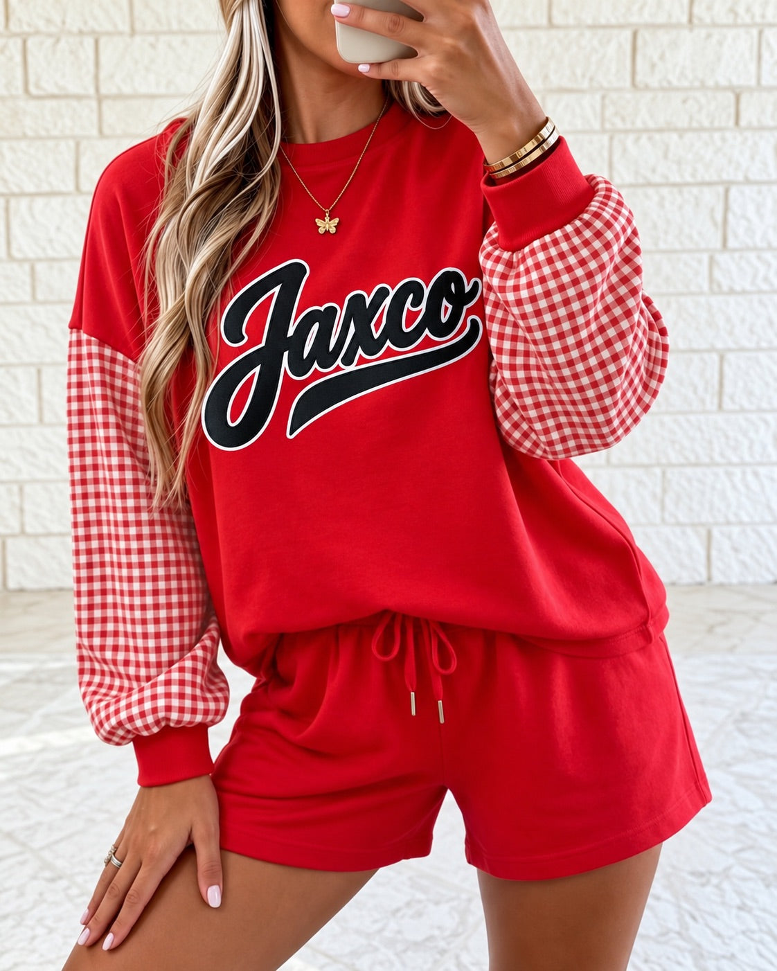 Jaxco Gingham Sleeve Game Day Shorts Set