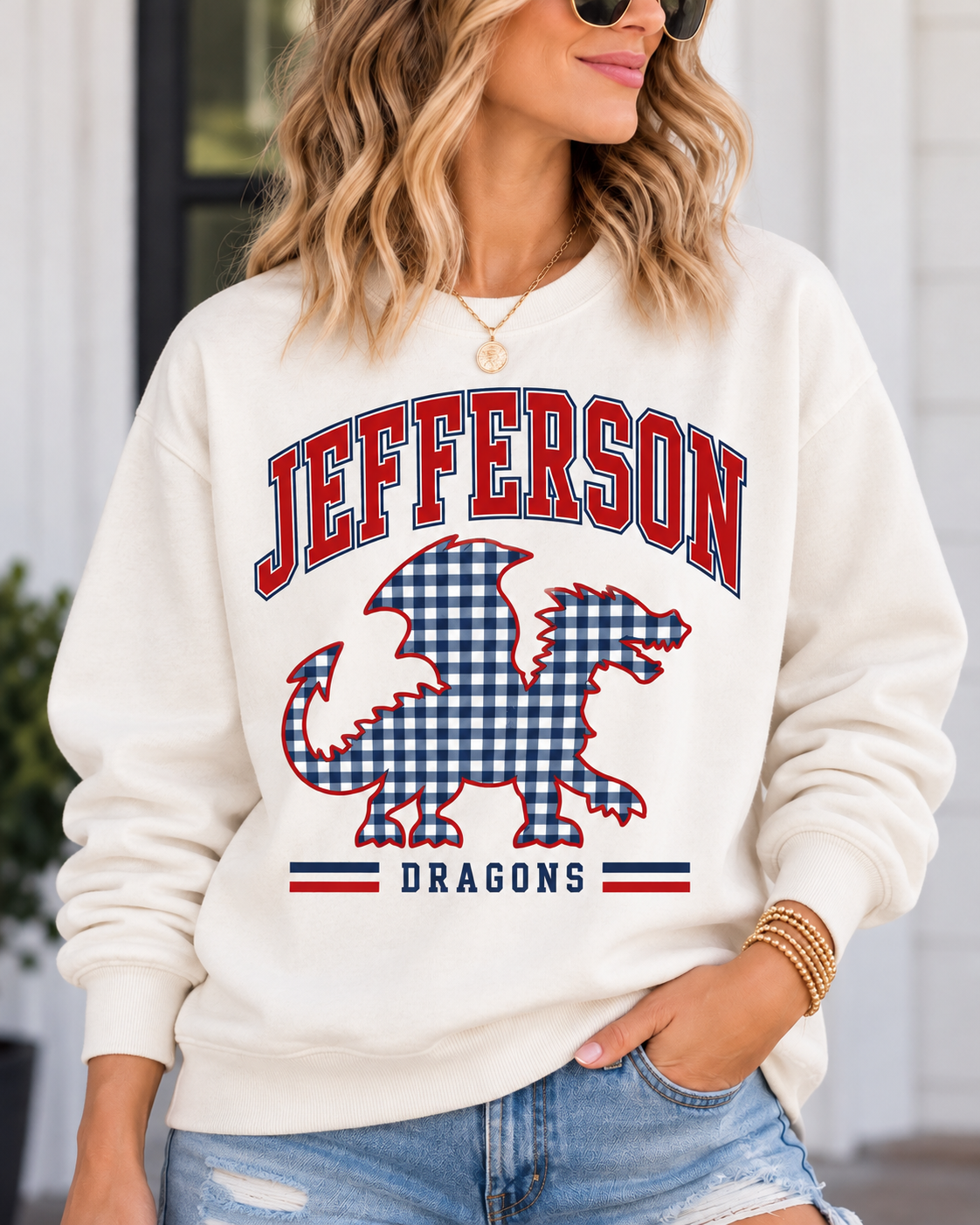 Jefferson Gingham Dragon Varsity Crew Neck