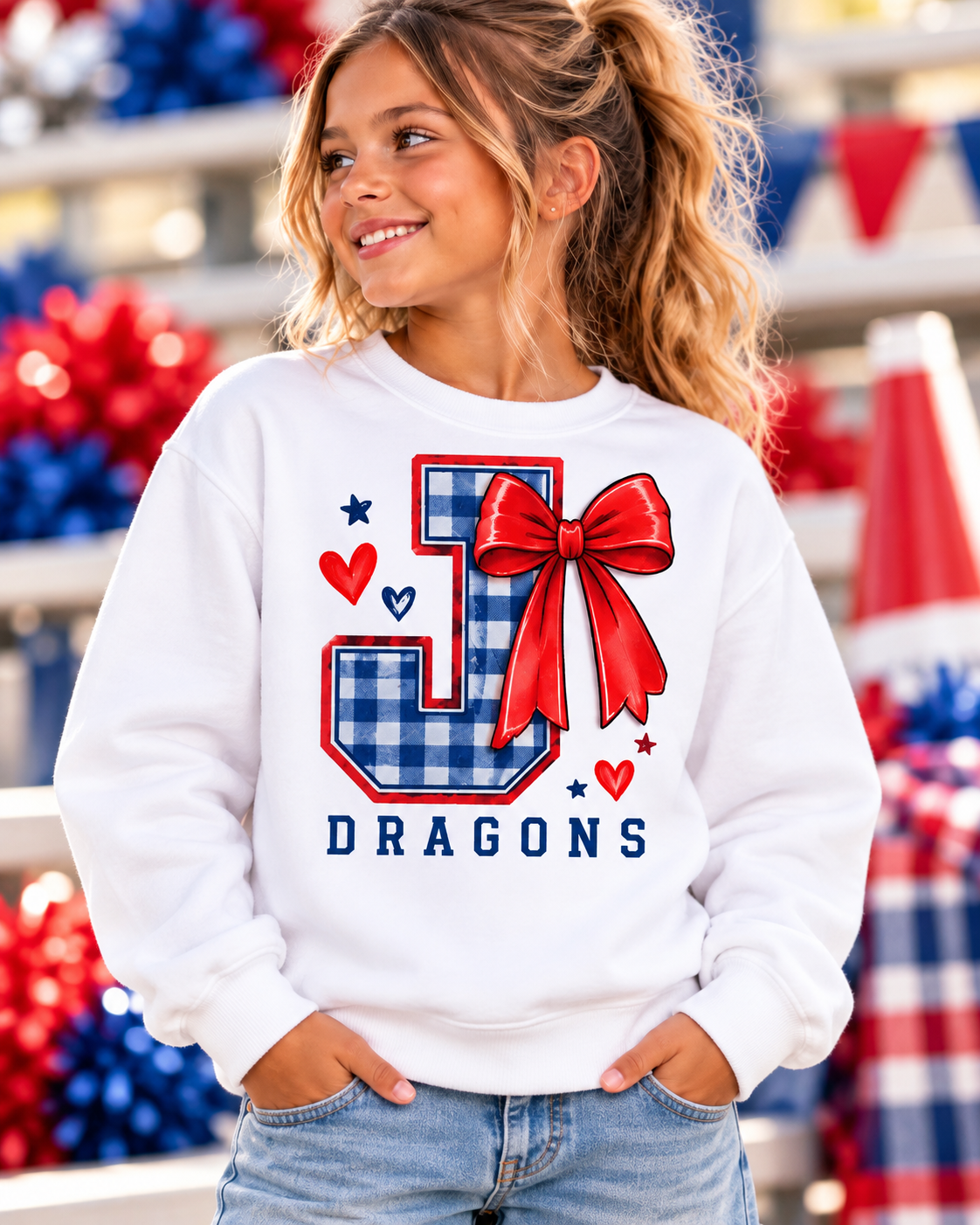 Jefferson Dragons Gingham Bow Crew Neck