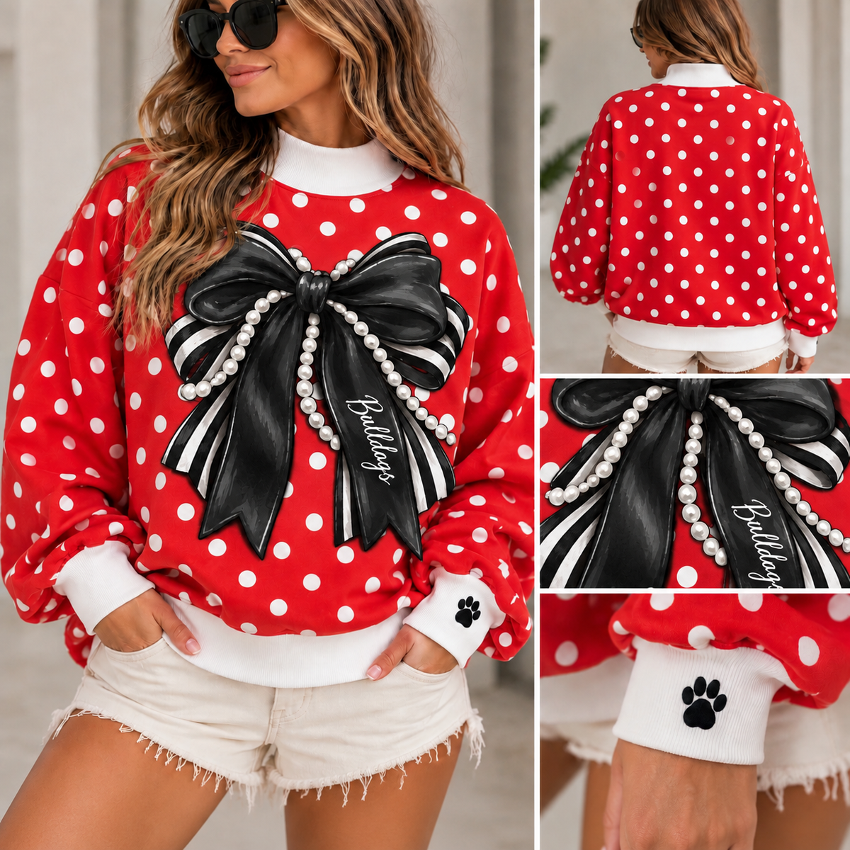 Bulldogs Red Polka Dot Bow Mock Neck